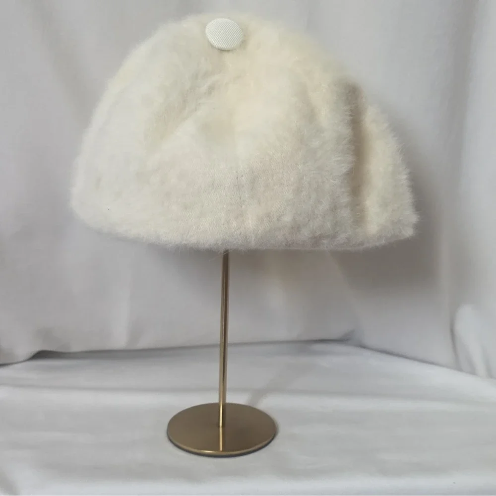 Vintage Y2K Kangol Ivory Faux Fur Newsboy Cap Solid Button Accent